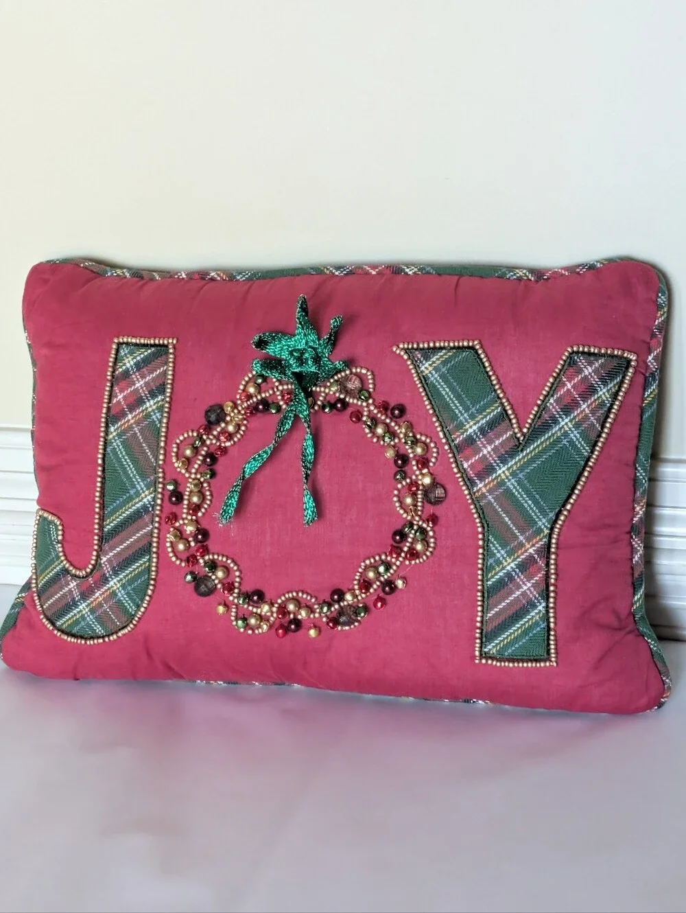 Vintage Pier 1 Beaded and Jingle Bells Plaid JOY Christmas Pillow Holiday Bow